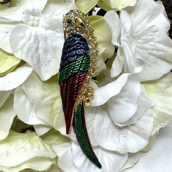 Vintage Parrot Brooch Pin Enamel N Rhinestone Goldtone - Picture 3 of 7